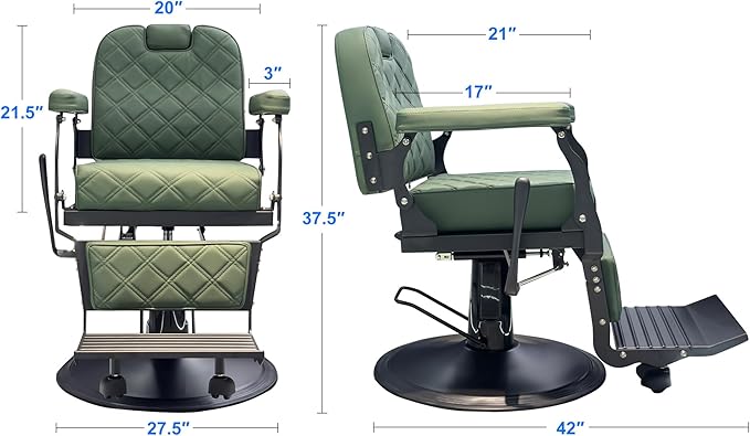 Barber Chair for Hair Stylist, Heavy Duty Salon Chair Supports up to 550lbs, Black Barber Chair Reclining, 360 Degree Swivel for Professional Salon (Green)