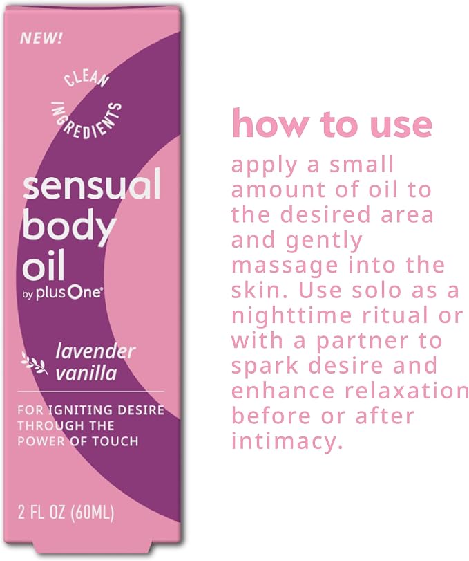 plusOne Sensual Body Oil – Lavender Vanilla Massage & Intimate Oil, 2 fl oz | Plant-Based Blend with Coconut, Jojoba & Sweet Almond Oil, Vegan & Cruelty-Free