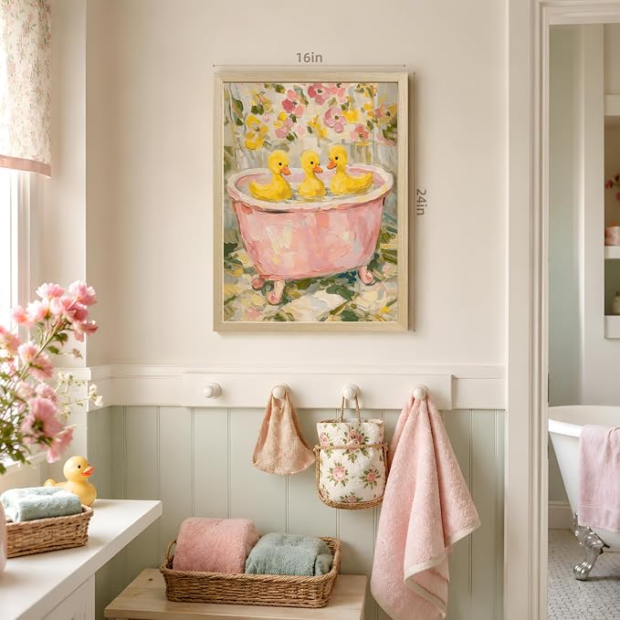 VziizV Cute Duck Bathroom Wall Art, Vintage Pink Bathtub Ducklings Decor, Cottagecore Farmhouse Floral Canvas Print, Whimsical Animal Bathroom Artwork for Nursery Kids Room Wood Framed 12x16 Inch