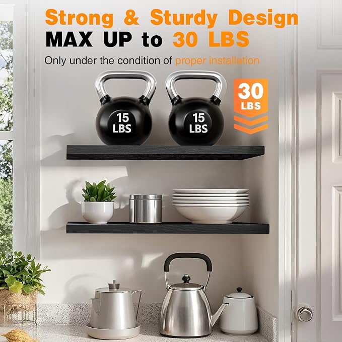 BAYKA Black Floating Shelves 47.2in, Set of 2, Wall Mount Rustic Wood Shelf | Easy Install, 30lbs Max Load, Hidden Bracket, for Bathroom Bedroom Coffee Bar Book Storage Decor, Multi-Wall Compatible