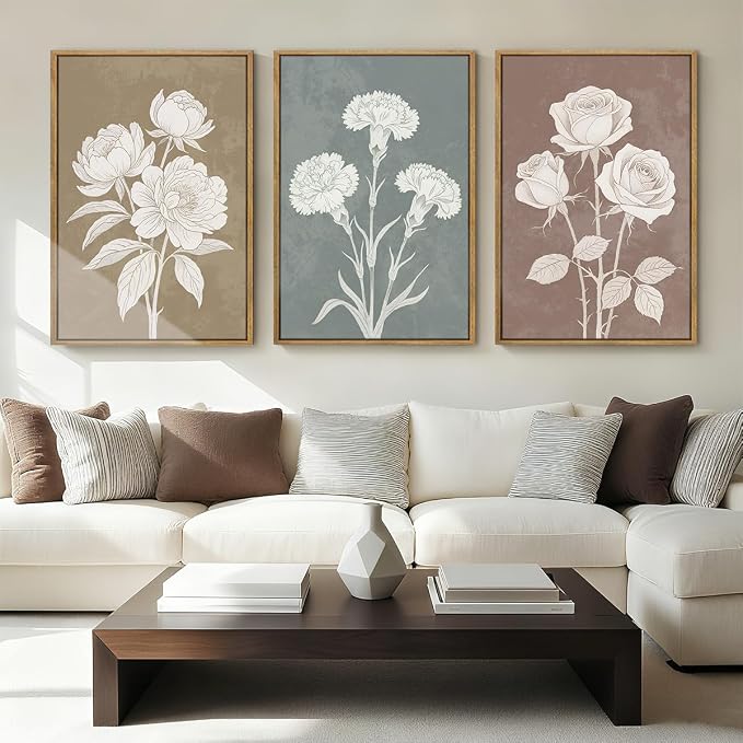 BINCUE Extra Large Neutral Botanical Wall Art Decor Floral Painting Flower Print for Living Room Bedroom Bathroom Dining Room 24x36 Inches 3 Piece