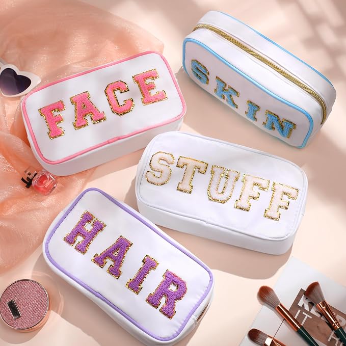 Preppy Makeup Bags Chenille Letter Stuff Bag Nylon Cosmetic Pouch Cases with Zipper for Women Travel Toiletry(White Set,Novel,4 Pcs)