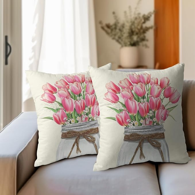 Kawani Tulip Flower Throw Pillow Covers 18x18, Set of 2 Sping Pink Floral Mason Jar Farmhouse Pillowcase Cotton Linen Square Cushion Case for Sofa Couch Living Room Bedroom Home Decor
