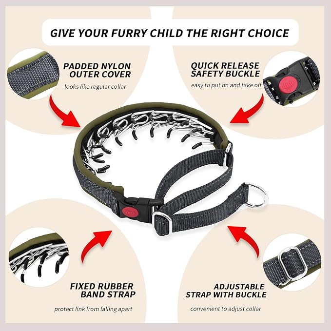 Martingale No Pull Dog Collar for Large Medium Small Dogs, Heavy Duty Nylon Reflective Adjustable Anti Pull Slip Collar with Buckle for Training Walking L Black Army Green