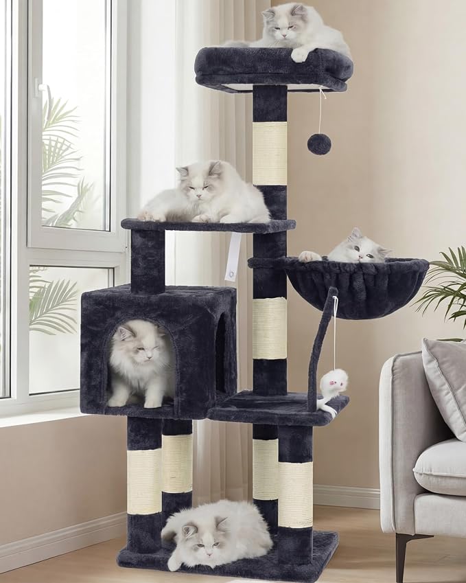 Heybly Cat Tree with Toy, 43.3 inch Cat Tower for Indoor Cats HCT004SG | Cat Condo with Durable Sisal Scratching Posts, Cat House with Padded Plush Perch, Cozy Hammock, Smoky Gray
