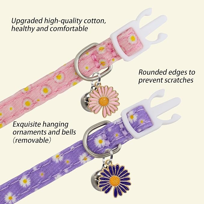 Cat Collars for Girl Cats & Boys, 2 Pack Soft Cotton Breakaway Collar with Removable Bell and Cute Charms, Adjustable Safety Pet Necklace, Daisy