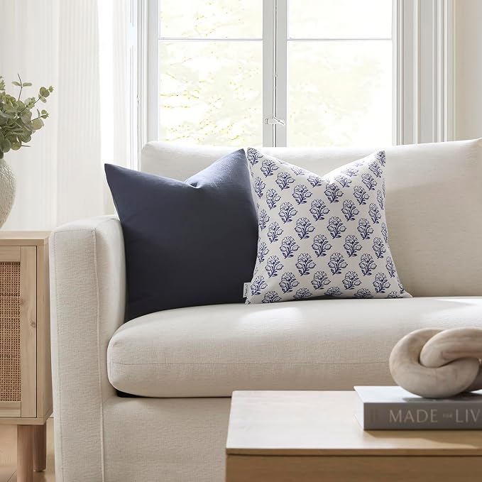 Meekio Set of 2 Midnight Blue Throw Pillow Covers 20x20, Modern Farmhouse Linen Blend Decorative Pillow Covers for Couch Sofa Bed, Neutral Home Decor