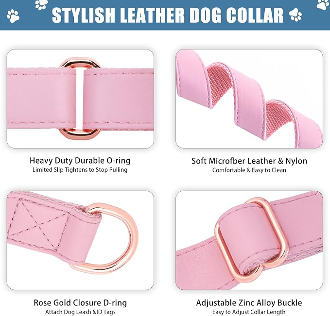 Soft Leather Martingale Dog Collar - Adjustable Rose Gold Limited Slip Collars [Easy to Clean], Stylish Durable Heavy Duty Nylon No Pull Training Collar for Small Medium Large Dogs (XS, Set Pink)