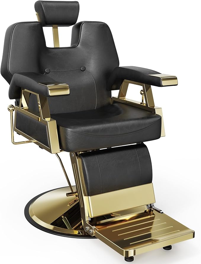 OmySalon Classic Barber Chair with 2 Hand Levers, Reclining Salon Chair for Hair Stylist All Purpose Heavy Duty, Adjustable Headrest, Tattoo Barbershop Beauty Spa Equipment, Black & Gold