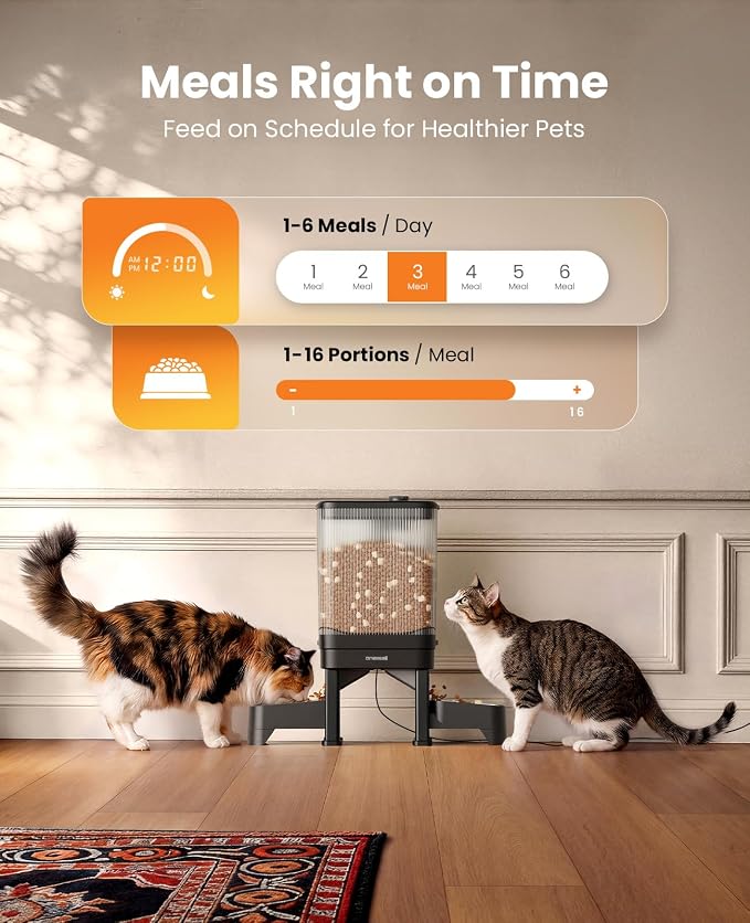 oneisall Automatic Cat Feeder for 2 Cats Pets, 32 Cups/7L | Elevated Bowls, Prevent Fighting, Precise Portions, Balanced Dispensing, Non-Slip & Stable, Easy-to-Clean