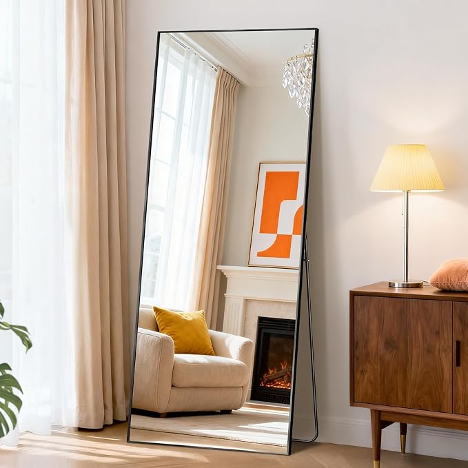 DUMOS 64"x21" Full Length Mirror with Stand, Full Body Floor Mirror | Free Standing or Wall Mount, Nano Glass Aluminum Frame, Hanging or Leaning, Modern Simple Home Decor, Black