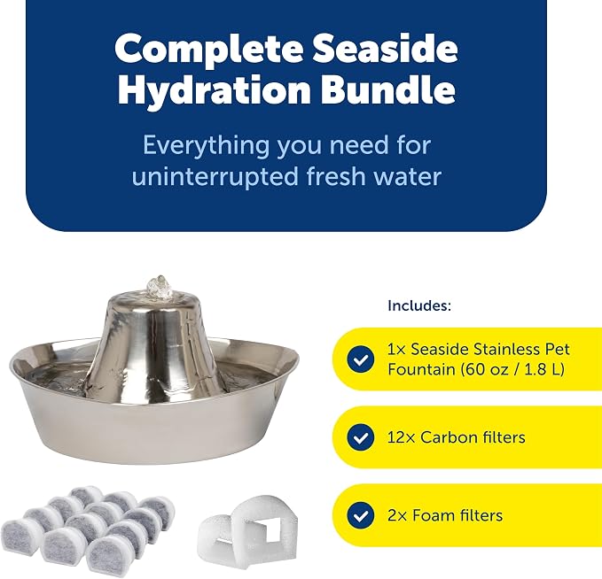 PetSafe Seaside Stainless Pet Fountain, 12 Carbon & 2 Foam Filters, 1 Pump | 60 Oz Capacity, 360-Degree Flow, Triple-Filter with 2.5x More Activated Carbon, Scratch/Rust-Resistant Stainless Steel