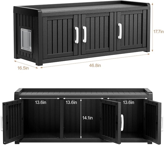 KAMABOKO Hidden Cat Litter Box Enclosure Furniture with 3 Doors & Multiple Windows, Modern Litter Box Cabinet for Large Cats, Waterproof PP Cat Furniture for Living Room
