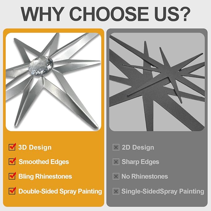 sxnzequnze 4 Pcs Star Wall Art for Home Decor Living Room Bedroom Office Metal 3D,Bling,with Hanging Hook Starburst Midcentury Sculpture Retro Gallery Accent Celestial -Silver 16.5in/9.4in