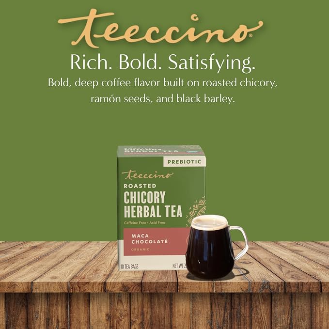 Teeccino Herbal Tea – Maca Chocolaté – 10 Tea Bags - Adaptogenic Peruvian Maca, Cacao, Chicory, Prebiotic, Caffeine Free, Acid Free, Coffee Alternative, (Pack of 4)