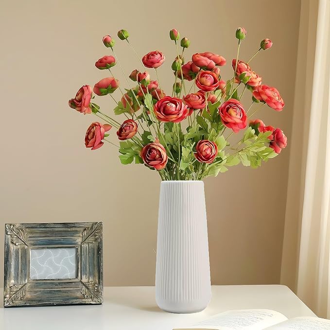 Ceramic Vase for Flower, Pampas Grass Vase, 7.8''H Ribbed Decor Vase, White | Nordic Minimalist Flower Vase, White Modern Home Office Decor Vases, For Living Room, Dining Table, Bedroom, Kitchen Shelf