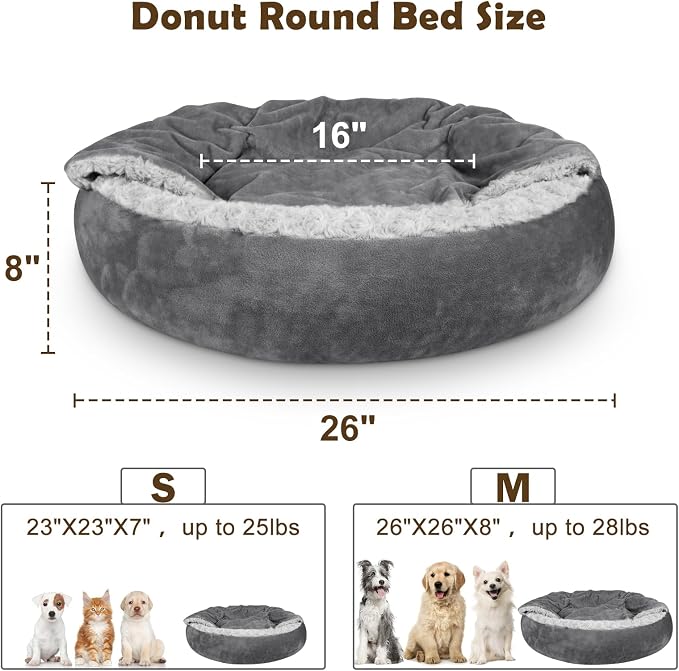 JOEJOY Small Dog Bed Cat Bed with Hooded Blanket, Cozy Cuddler Luxury Puppy Pet Bed, Donut Round Calming Anti-Anxiety Dog Burrow Cave Bed - Anti-Slip Bottom and Machine Washable 26 inch