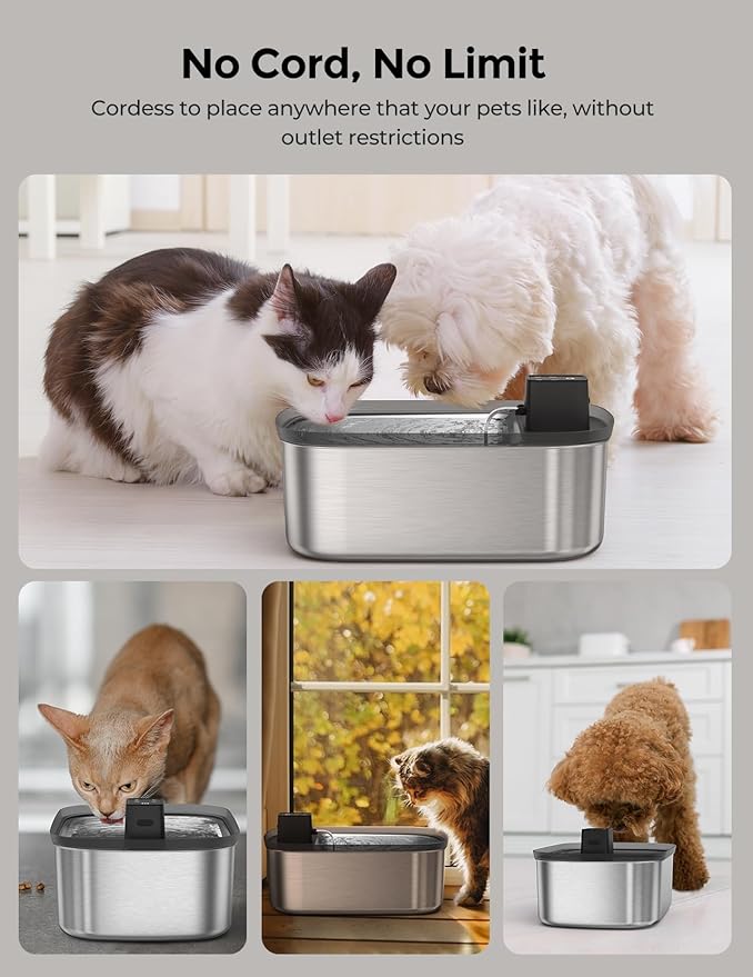 Wireless 7.5L/2Gal Dog Water Fountain Stainless Steel with 6 Pcs Filters | Quiet Pet & Cat Water Fountain with Motion Sensor,Automatic Water Dispenser for Dogs&Multi-Pet Homes Continuous Fresh Flow