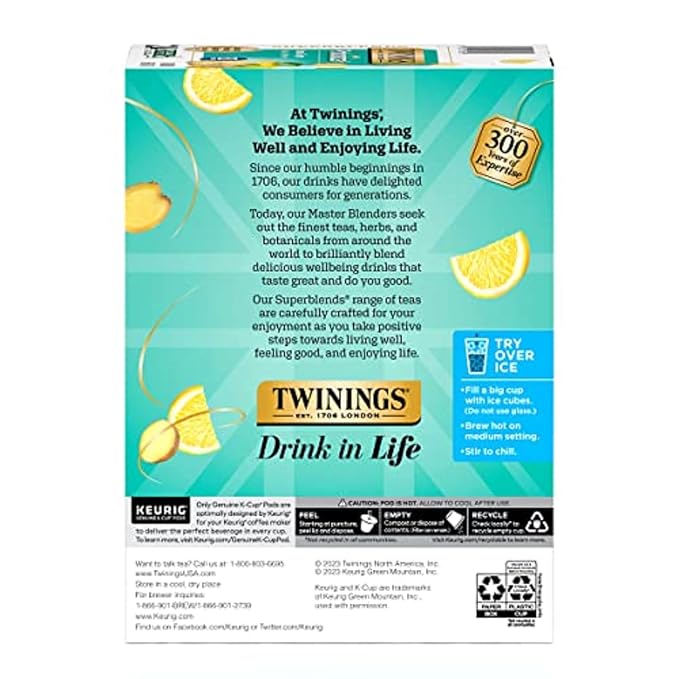 Twinings Probiotics Lemon & Ginger Herbal Tea, Supports Digestive Health, Single Serve K-Cup Pods for Keurig, Naturally Caffeine Free, 24 Count (Pack of 2)