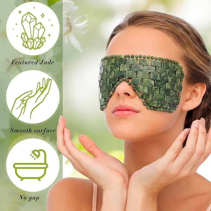 Hercicy 2 Pcs Jade Eye Mask Green Jade Stone Facial Cooling Mask for Alleviate Puffiness Face Massage Relax Eyes Relieve Migraine Meditation Beauty (Dark Green)