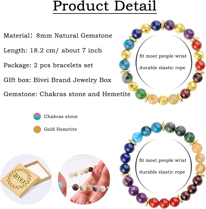 Bivei Natural Gemstone Semi Precious Healing Crystals Handmade Stretchy Round Beads Bracelet,Stocking Stuffers for Women Enhance Positive Energy