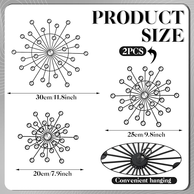 Blulu 4 Pcs Metal Wall Decor Bling Crystal Wall Art Cast Iron Rhinestones Sunburst Decor Starburst Art Hanging Diamond Accents Home Decorative for Living Room Bedroom Entryway(Black)