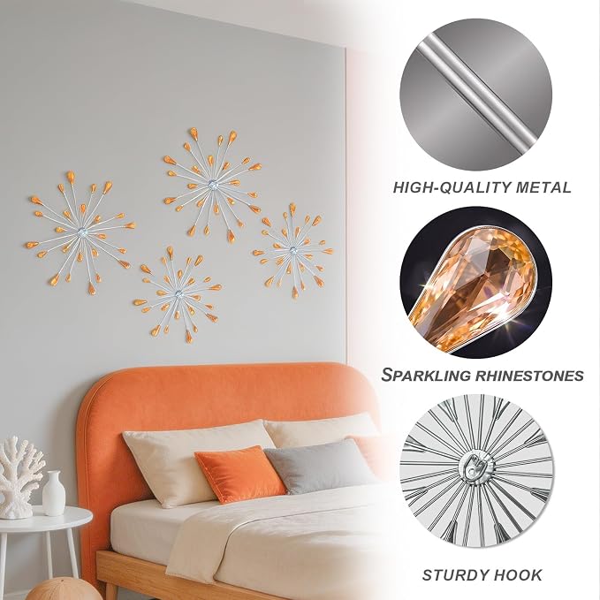 ZEXUIRU 4 Set Silver Starburst Wall Art for Home Decor Metal Bling Crystal Rhinestones Sunburst Wall Decor Sparkling Rhinestone Art Accent -Orange 13in/11.8in/9.8in/9.8in