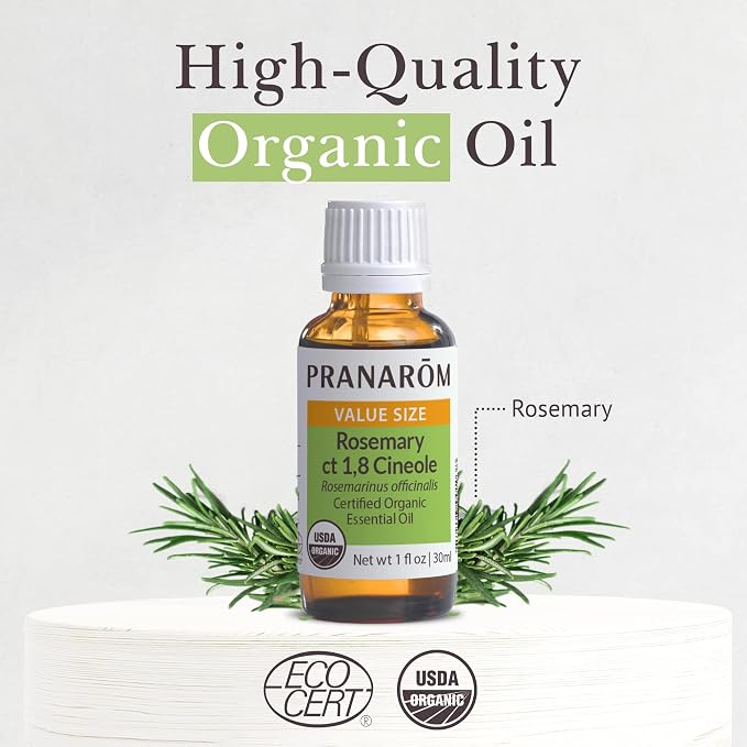 Pranarom USDA Certified Organic Rosemary Cineole Essential Oil (30ml), 100% Pure Undiluted Therapeutic Grade from Tunisia for Aromatherapy, Diffuser, Meditation, Massage, Relaxation
