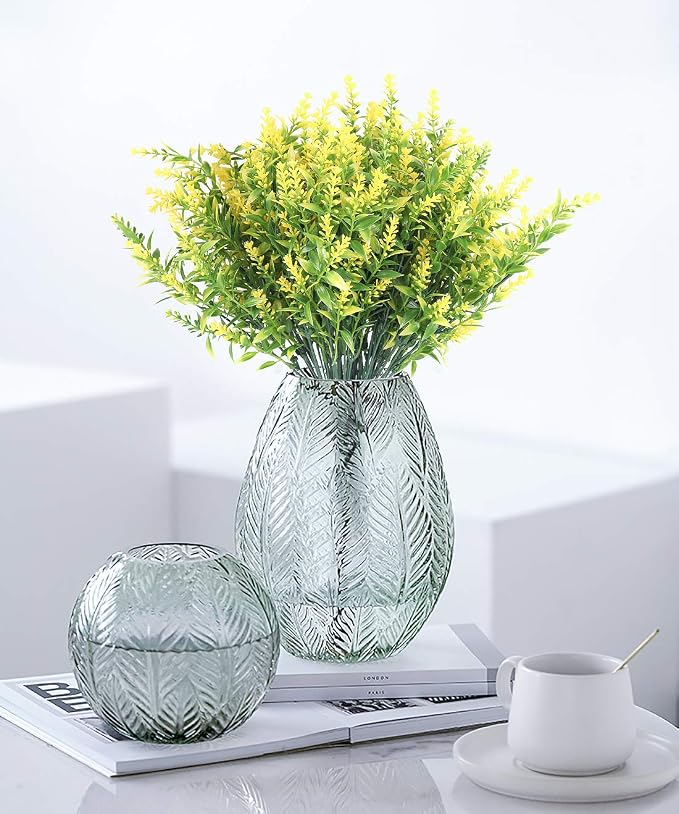RECUTMS 8Pcs Artificial Lavender Flowers for Outdoor Decoration,Fake Shrubs | Spring Fall Decor,Yellow Faux Flowers For Outdoor Planters UV Resistant Faux Greenery Bushes House Garden Patio Indoor Decor