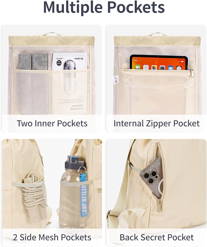WANDF Drawstring Backpack for Women, Lightweight Gym Bag with Yoga Mat Strap, Water-Resistant String Backpack with Mesh Pocket (Beige, Patent Pending)