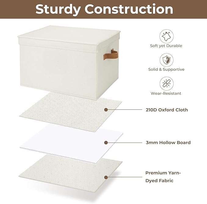 StorageWorks Storage Bins with Lids, Decorative Storage Boxes with Lid and PU Handles, Foldable Storage Baskets for Closet, Shelves, Stackable, Ivory, Jumbo, 3-Pack | Lidded Dust-proof, Easy Pull Handles, Foldable, Stackable, Ideal for Clothes Blanket ...