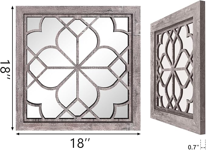 Set of 2 18 Inch Large Square Brown Window Pane Wall Mirrors, Shatterproof Rustic Farmhouse Boho Vintage Accent Mirrors for Living Room, Bedroom, Bathroom, Entryway & Home Decor