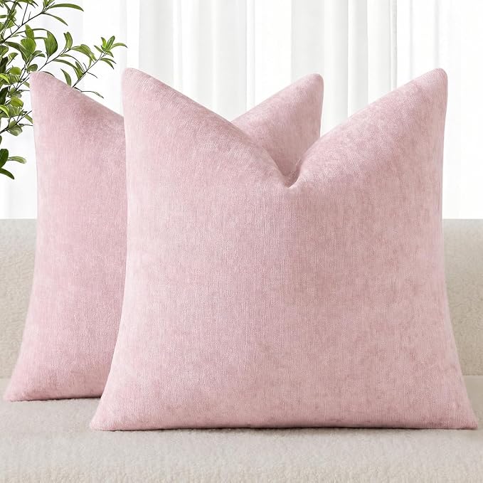 decorUhome Soft Chenille Blush Pink Throw Pillow Covers 18X18 Set of 2 | Decorative Fall Couch Pillow Covers Solid Dyed Accent Modern Farmhouse Neutral Square Pillow Cases for Sofa