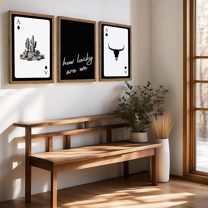 Western Wall Art Set of 3, Southwestern Cowboy Playing Card Wall Decor, Longhorn Bull Skull and How Lucky are We Poster Canvas Painting Prints for Bedroom Living Room 16x24 inch Wood Framed