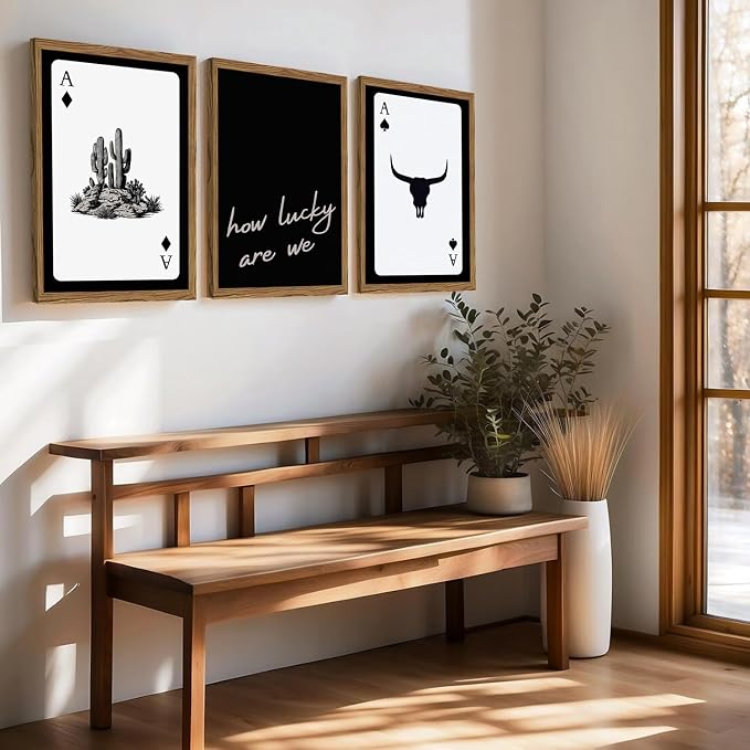 Western Wall Art Set of 3, Southwestern Cowboy Playing Card Wall Decor, Longhorn Bull Skull and How Lucky are We Poster Canvas Painting Prints for Bedroom Living Room 12x16 inch Wood Framed