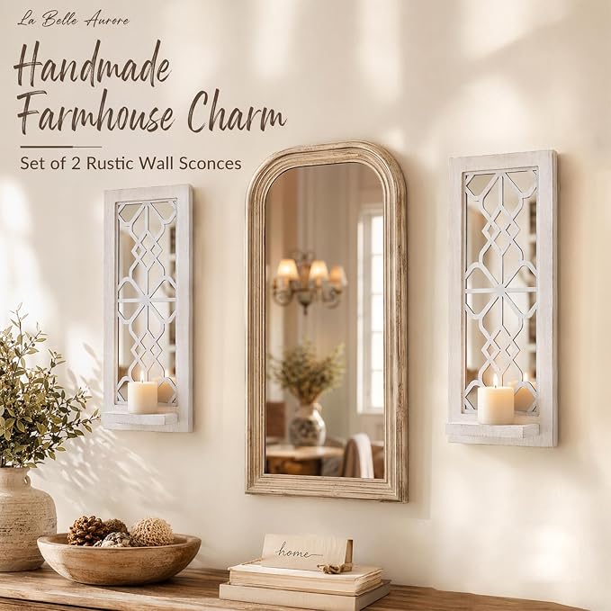 ZEXUIRU 2 Set Rustic Candle Sconces Living Room Bedroom Entryway Wood Mirrored, Farmhouse, Carved Frame Wall-Mount Wooden Candle Holders Wall Decor Hanging Handmade Holder - Distressed White