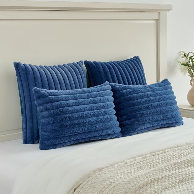 FUTEI Pack of 2 Faux Fur Throw Pillow Covers 12x20 Inch, Navy Blue | Fluffy Faux Rabbit Fur Front/Premium Velvet Back,Hidden Zipper,Machine Washable,Non-Shedding,Colorfast,Insert Not Included.