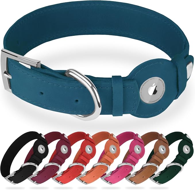Leather Dog Collar with Airtag Holder - Apple Air Tag Dog Collars - Soft Tracking GPS Pet Collar for Small Medium Large Dogs Breed Puppy (Smoky Blue, S, 9"-12" Neck Fit)