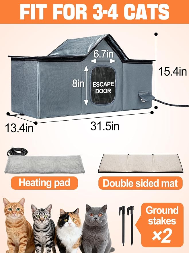 Weatherproof Heated Cat Houses for Outdoor Cats - Insulated Cat Shelter for Winter with Thermostatic Heating Pad and Escape Door, Warm Outside Pet House Gift for 3-4 Feral Cats (X-Large)