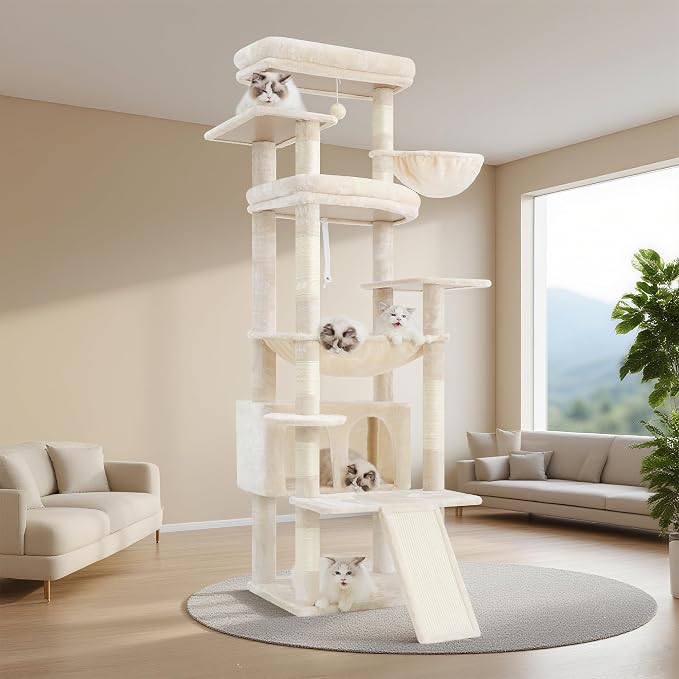 Heybly Tall Cat Tree for Large Cat, 80-inch Multi-Level Cat Tower HCT038M | Condo Furniture for Indoor Cats with Large Baseboard, 2 Widened Plush Perches, Scratching Board, Big Caves, Beige