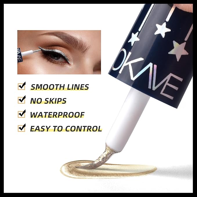 Glitter Liquid Eyeliner Colorful Set, 5 Colors Metallic Shimmer White Black Silver Gold Grey Eyeliner Waterproof Long Lasting Sparkle Glitter Liquid Eyeshadow Dazzling Valentines Eye Makeup for Women