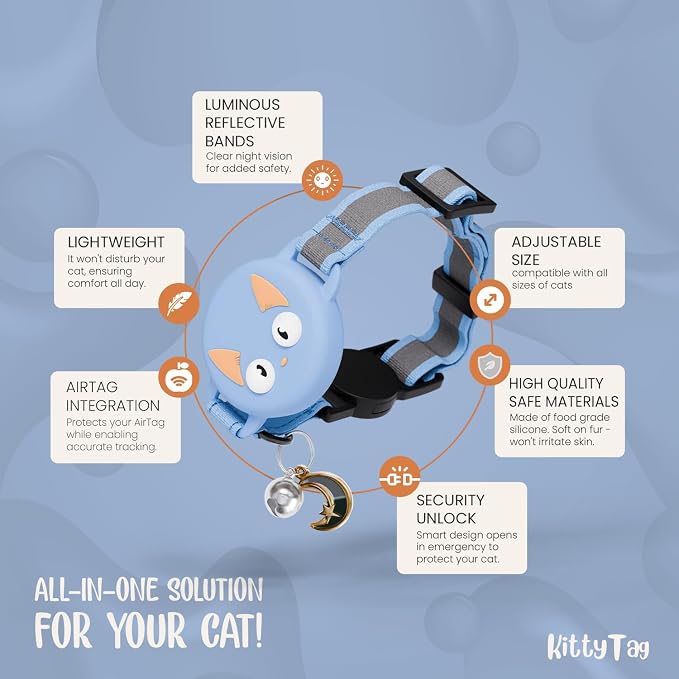 AirTag Cat Collar – Breakaway Reflective & Waterproof Collar with Built-in Holder, Adjustable with Bell for Indoor/Outdoor Cats – AirTag Not Included, Blue (9-12")