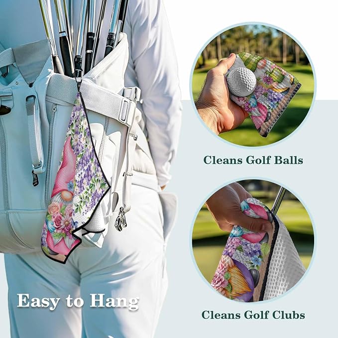 Blue Purple Gnomes Golf Towel with Clip, Spring Country Hydrangea Flower Leaf Large Microfiber Women Men Sports Work Out Disc Golf Bag Towel for Yoga, Gym, Fitness, Swimming Towels Accessory