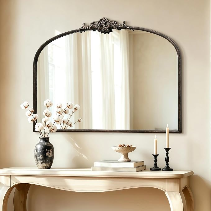 Besdomus Vintage Arched Black Mirror: 40"x29" Large Arch Antique Decorative | French Baroque Metal Framed Mirrors - Traditional Ornate for Entryway/Dresser/Fireplace/Bathroom - Ideal for Home Renovations