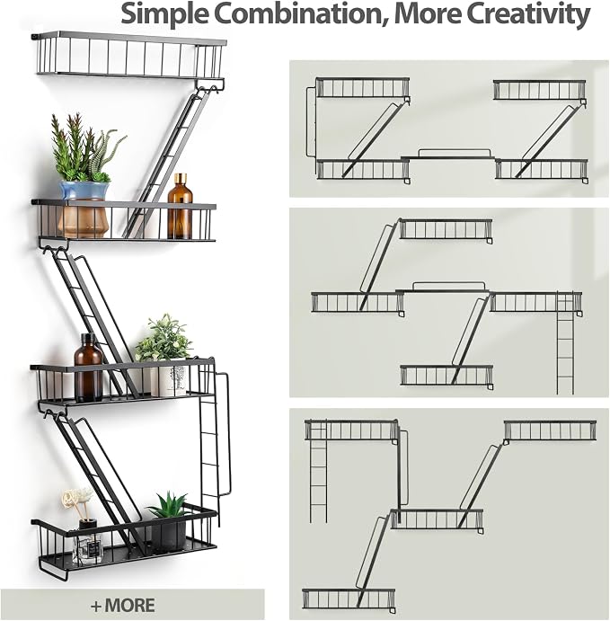 Fire Escape Wall Shelf 4 Tier - NYC Decorative Floating Shelf Black Metal Book Shelves for Home Office Apartment Organizer and Display