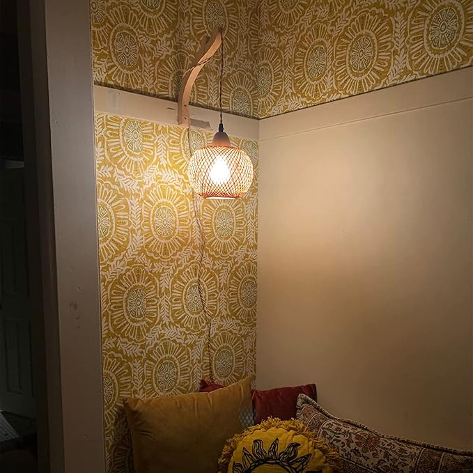 Frideko Bamboo Wall Sconces Set of Two Plug in, Boho Wall Lamp with Plug in Cord, Farmhouse Wall Light Fixtures with 9.84FT On/Off Switch Cord, Rattan Sconces Wall Lighting for Bedroom Living Room