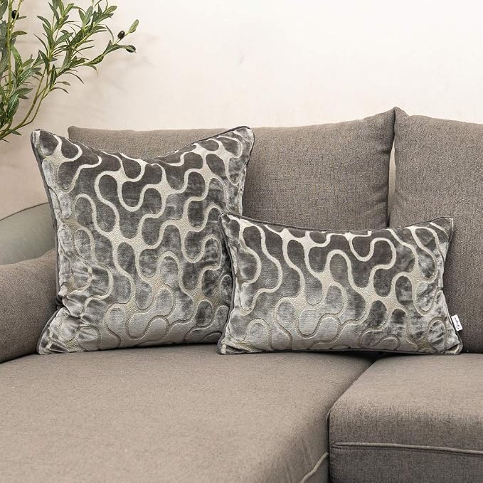 Silver Grey Square Throw Pillow Cover Wavy Velvet Cushion Cover Modern Zippered Pillowcase for Sofa Couch Bedroom Living Room Chair, 20 x 20 Inch