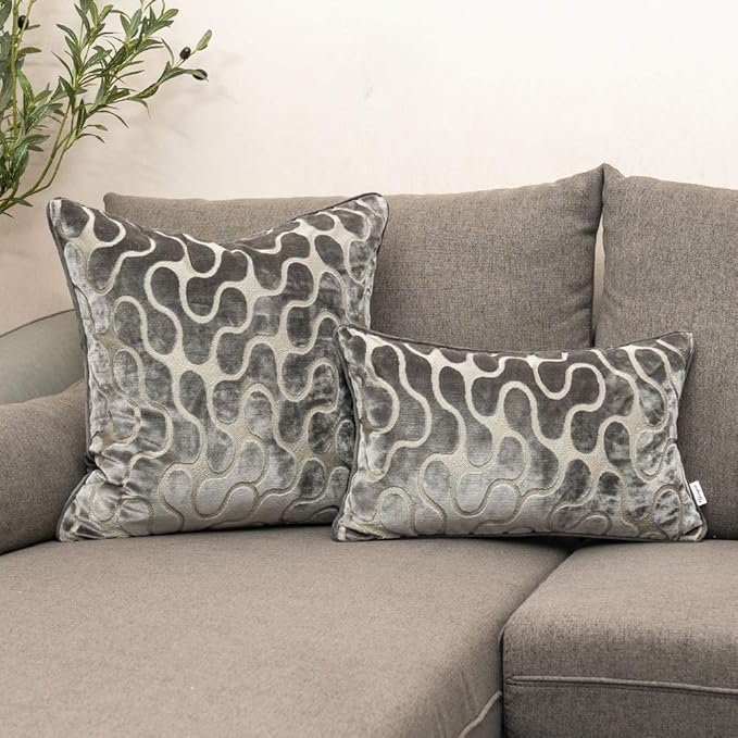 Silver Grey Square Throw Pillow Cover Wavy Velvet Cushion Cover Modern Zippered Pillowcase for Sofa Couch Bedroom Living Room Chair, 18 x 18 Inch
