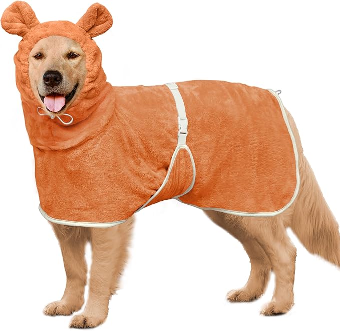 Dog Bathrobe Super Absorbent Towel Robe - Microfiber Bath Towels Fast Drying Coat for Dogs, Cute Dogs Clothes Adjustable Collar & Belly Strap Warm Keeping Hooded Dog Towel (Orange, XX-Large)