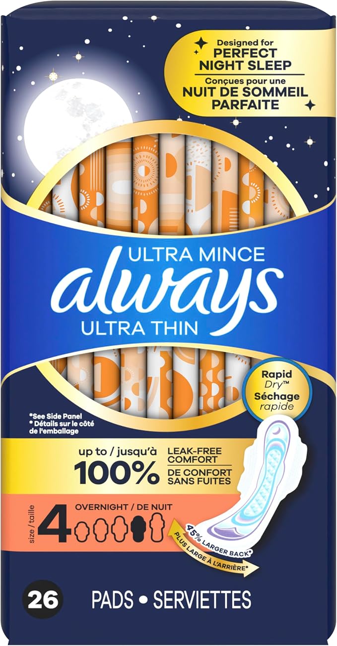 Always Ultra Thin Overnight Pads with Wings, Size 4, Overnight, 78 Count (3 Packs of 26)
